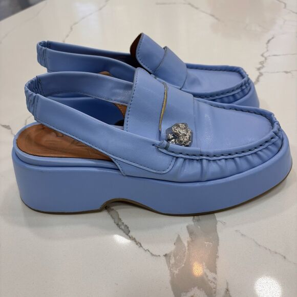 Ganni Loafers Womens Size 8 EU 38 Retro Slingback Platform Shoes Blue Leather - Picture 9 of 12